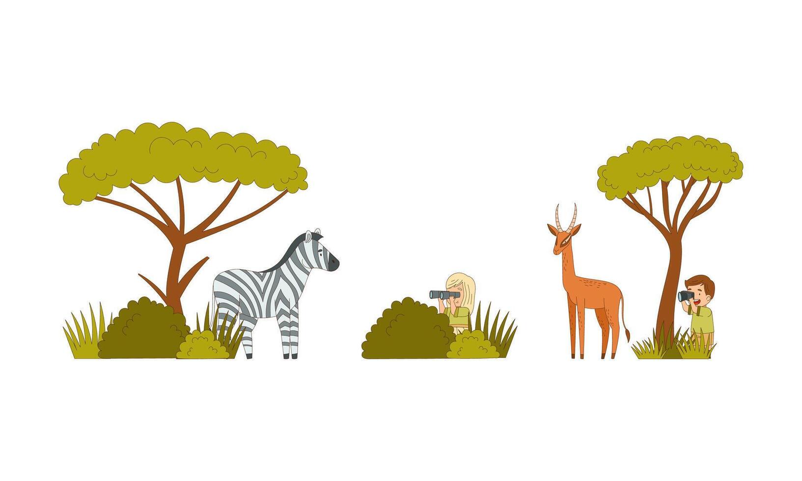 Children on safari tour. Kids visiting national park watching and photographing zebra and antelope cartoon illustration vector