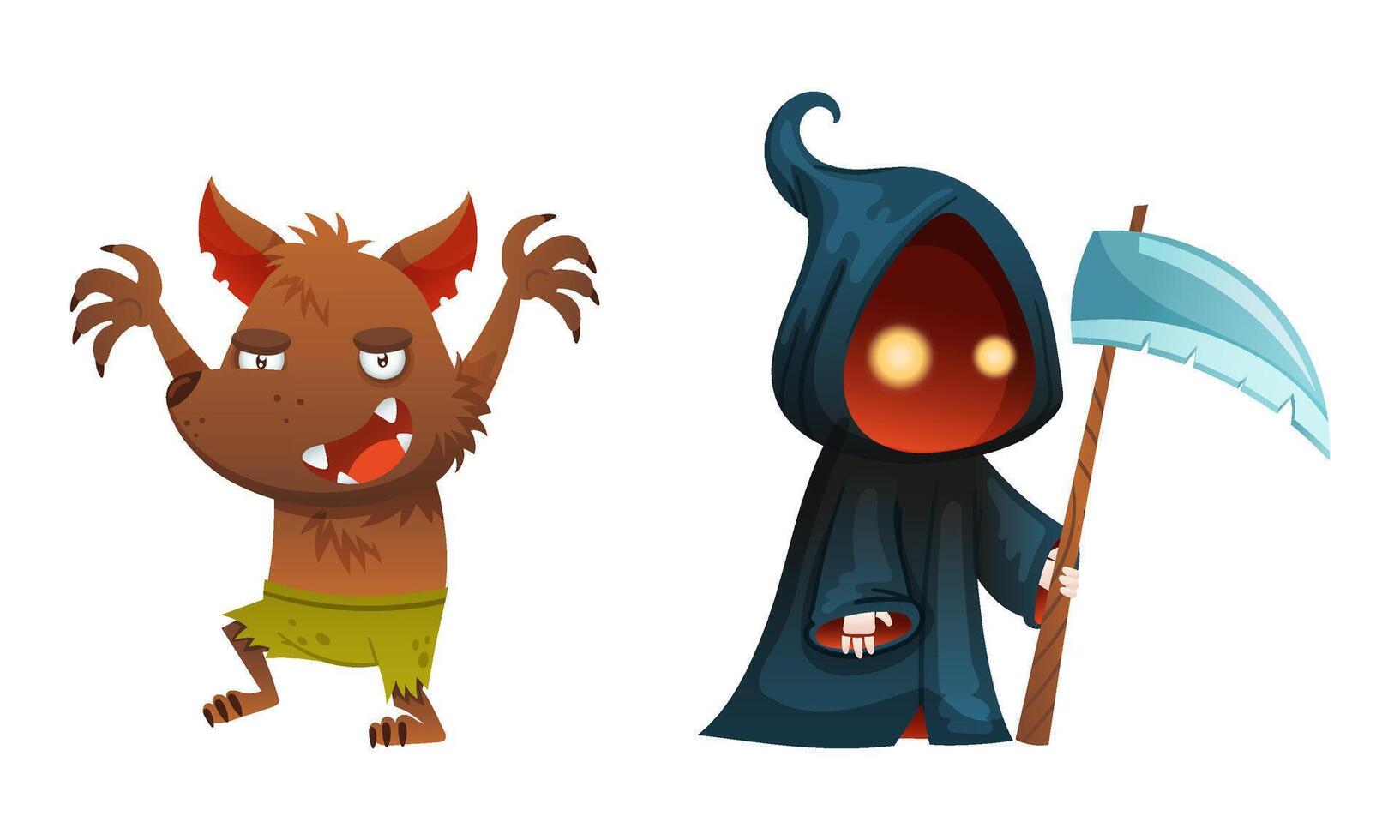 Cute funny Halloween characters set. Reaper with scythe and werewolf cartoon illustration vector