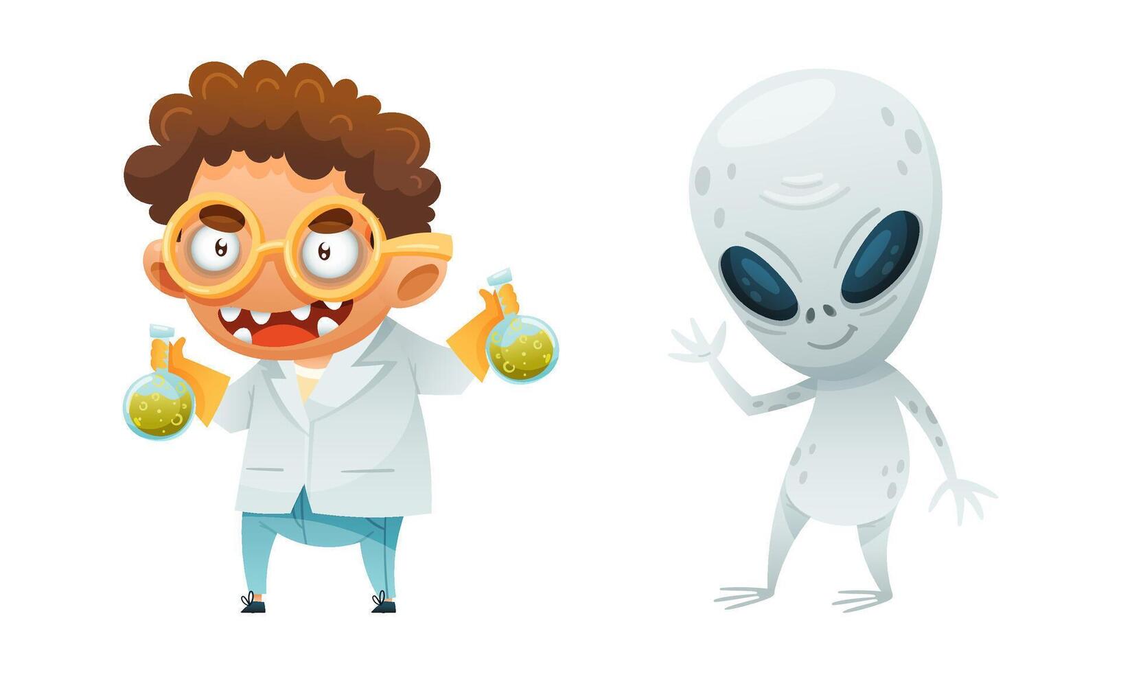 Cute funny Halloween characters set. Mad scientist and alien cartoon illustration vector