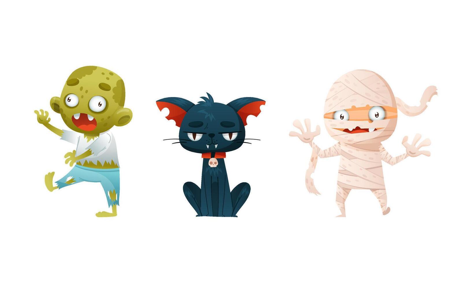 Cute funny Halloween characters set. Mummy, vampire cat and zombie cartoon illustration vector
