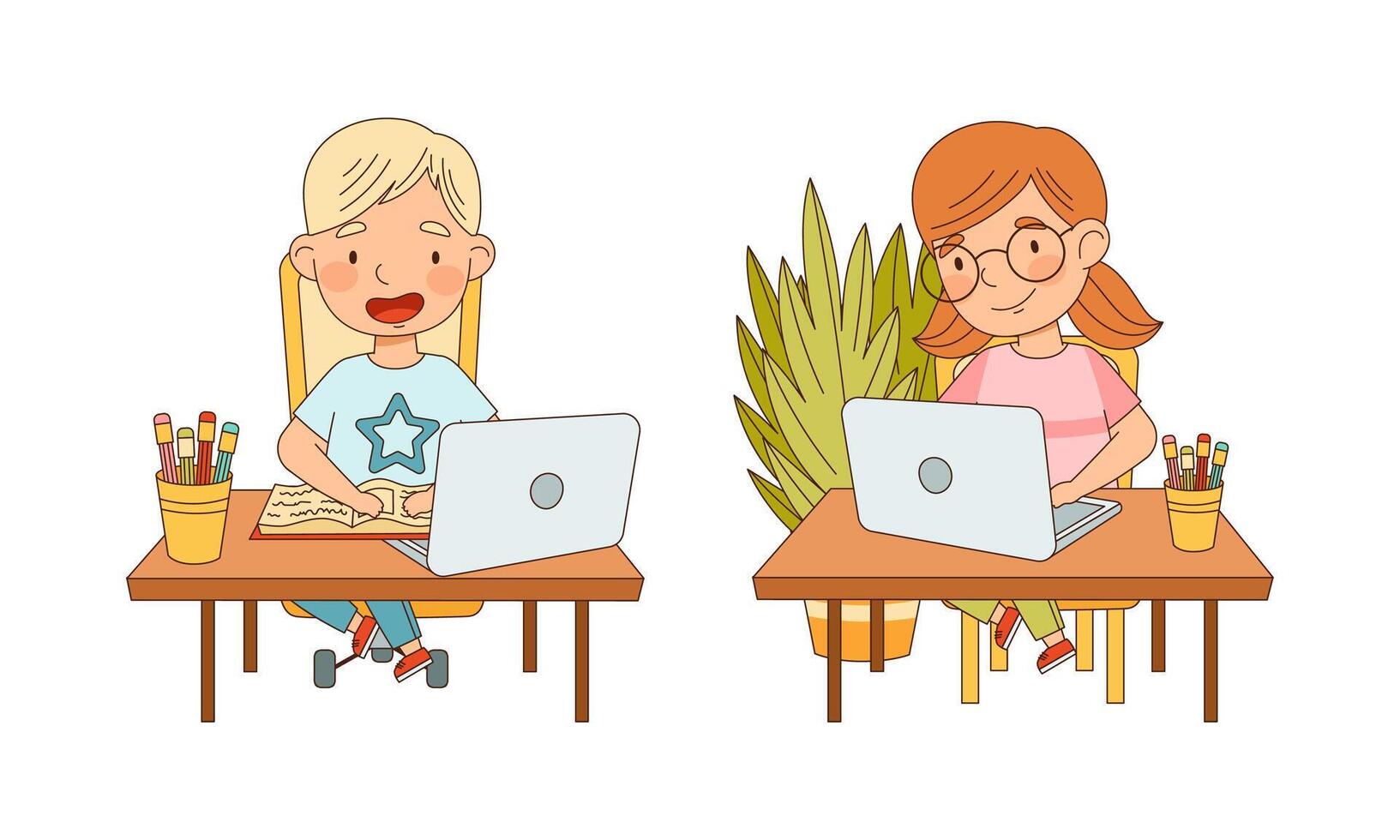 Children online education and e-learning concept. Cute little boy and girl using laptop computer for learning cartoon illustration vector