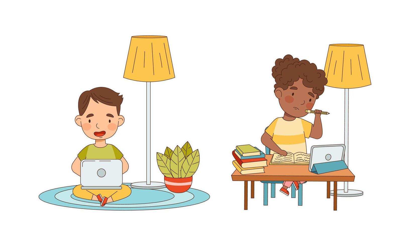 Cute boy and girl studying at home using laptop computers set. Online education, distance school cartoon illustration vector