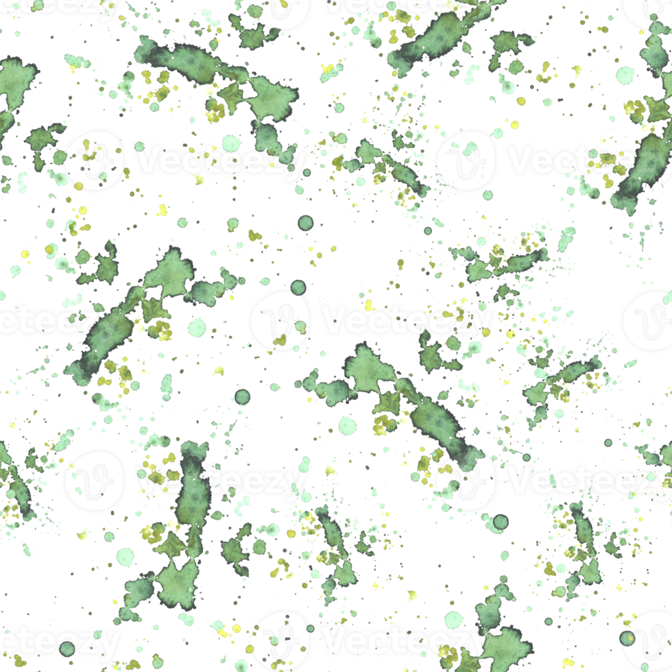 Watercolor green spots and splashes seamless pattern. Hand painted illustration. Abstract olive, grass nature green brush stroke, stains on isolated background texture for fabric, wrapping paper png