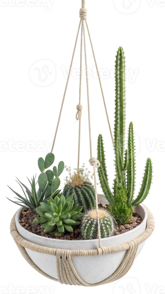 Hanging planter with assorted cacti and succulents isolated on transparent background png