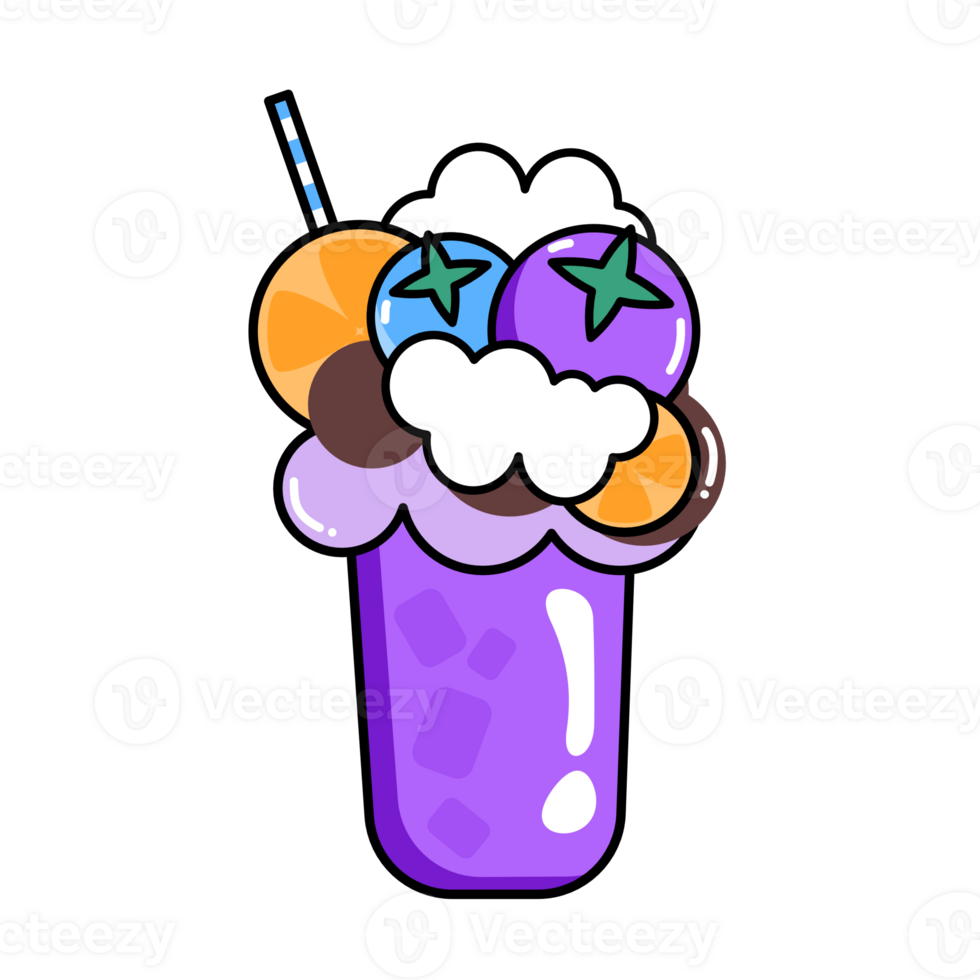 a purple milkshake with fruit and ice cream png