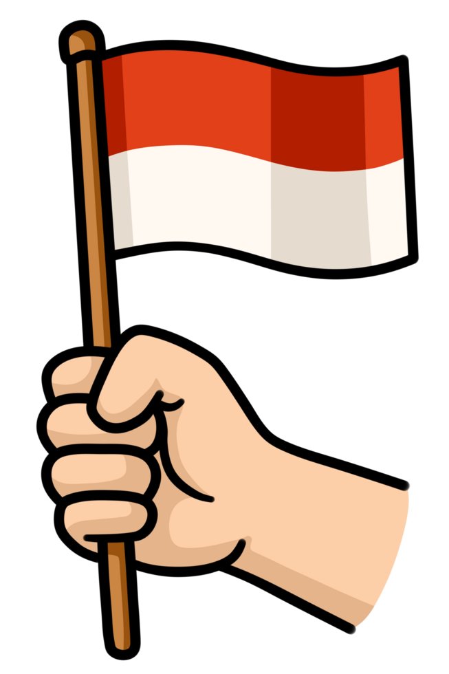 Illustration of a hand holding the Indonesian red and white flag png
