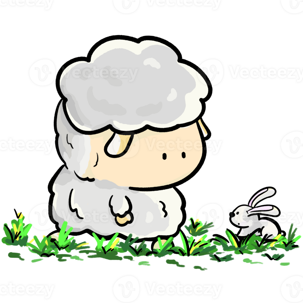 Little sheep meets little rabbit on the grass cartoon cute illustration png