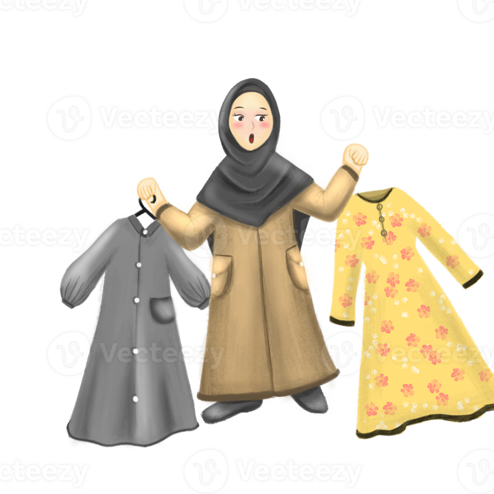 Confused Hijab Girl Choosing an Outfit in Chibi Style png