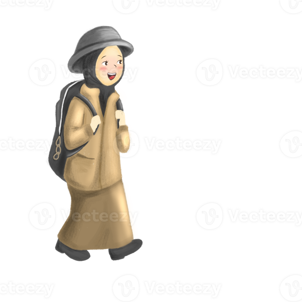 Adventurous Girl Wearing Dress, Hat, and Travel Bag on Exploration png