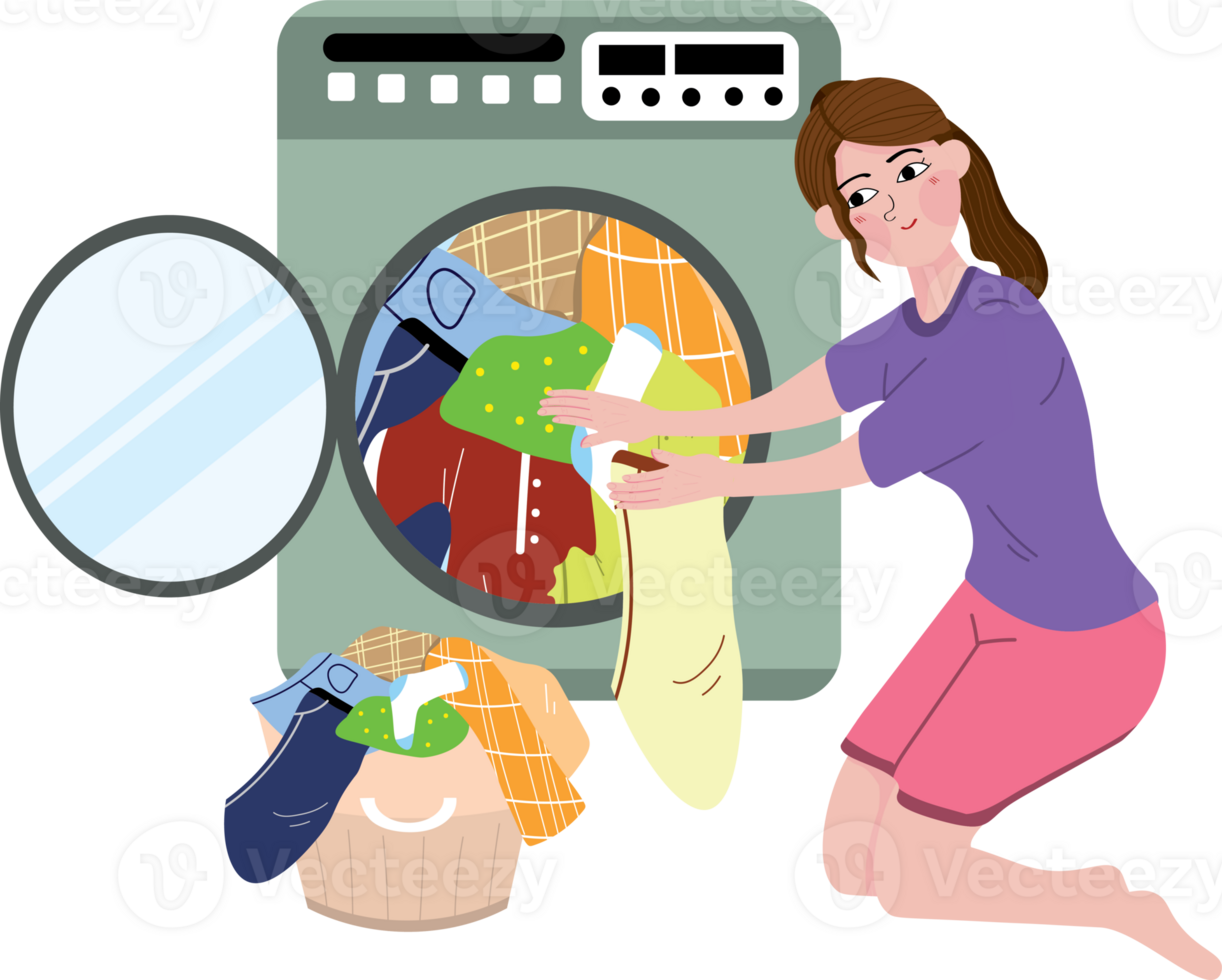 Housewife Doing Laundry with Washing Machine at Home png