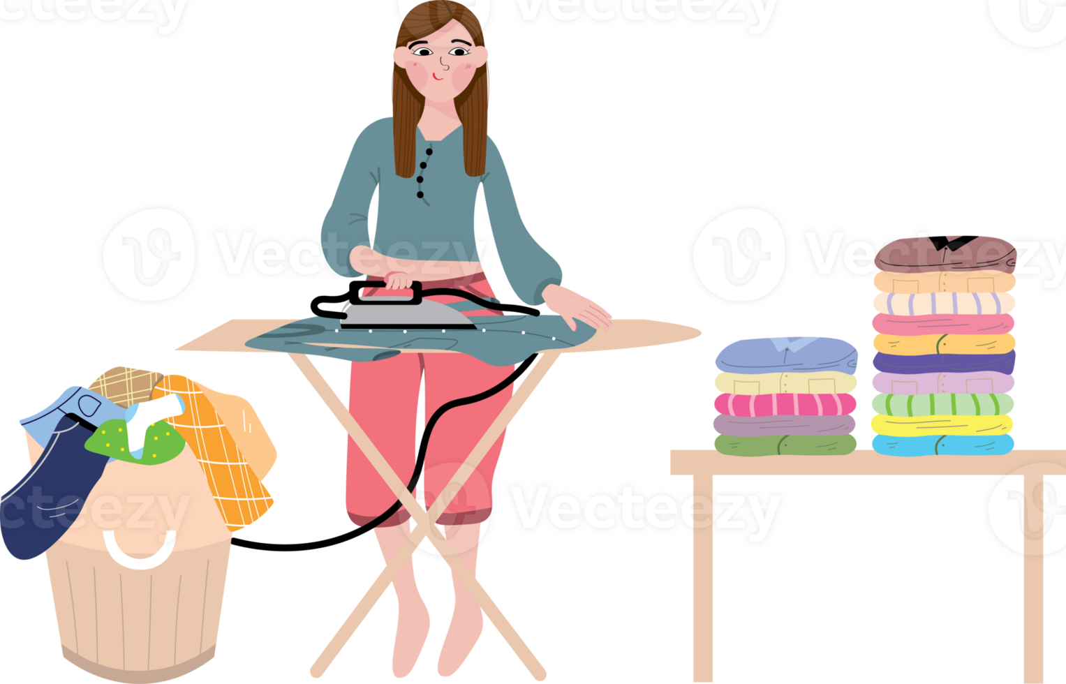 Housewife Ironing Clothes as Part of Daily Home Chores png