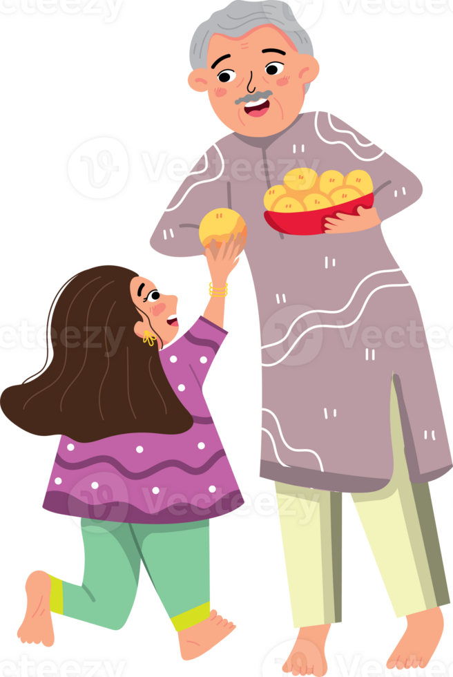 Child Asking for Ladoo from Grandfather During Diwali Celebration png