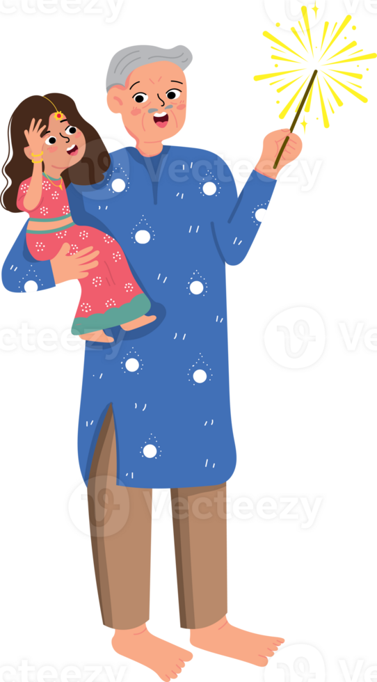 Grandfather Holding Grandchild While Playing with Fireworks on Diwali Night png