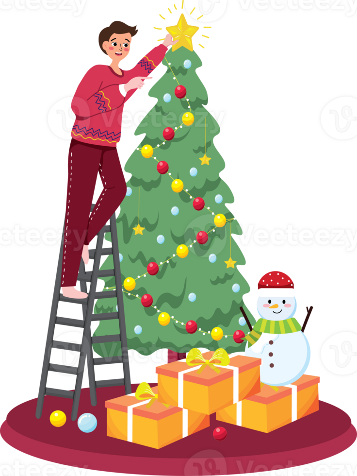 Family Decorating Christmas Tree at Night for Festive Season png