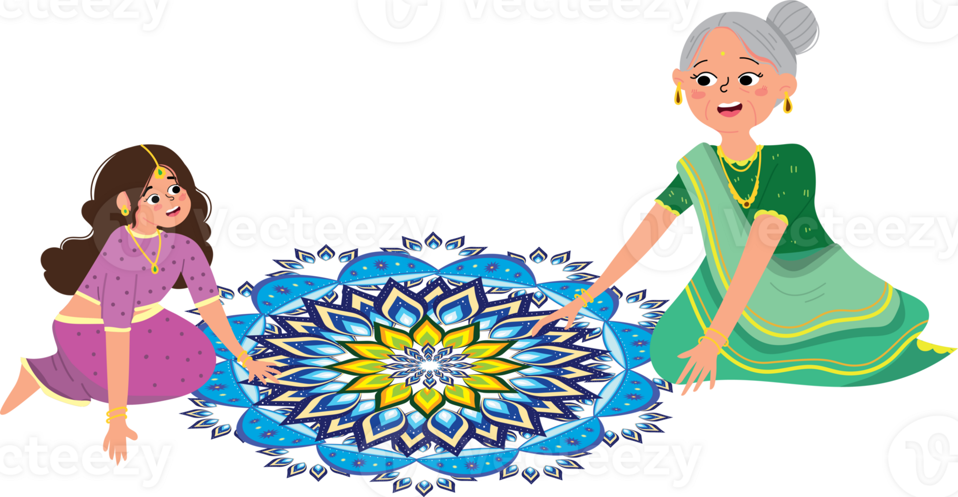 Grandmother and Grandchild Creating Rangoli for Diwali Celebration png