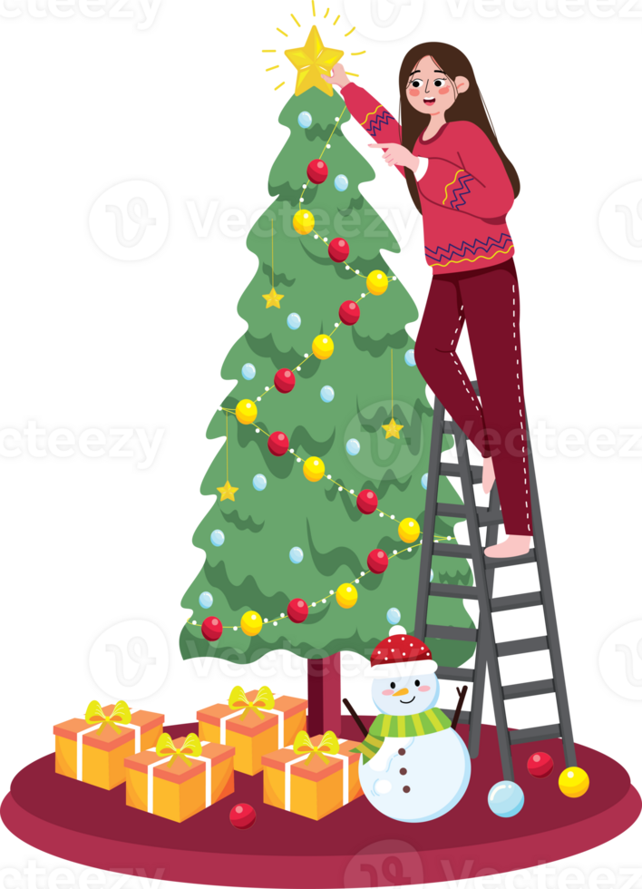 Festive Christmas Tree Decorating on a Cozy Holiday Night png