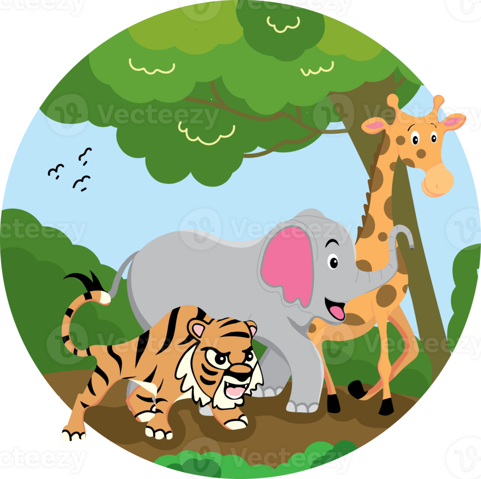 Elephant, Giraffe, and Tiger Walking in Forest for World Animal Day png