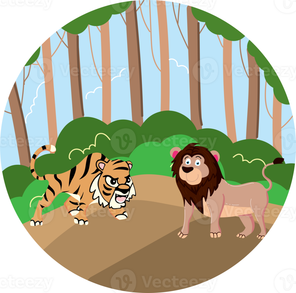 Tiger and Lion Roaring at Each Other in Forest for World Animal Day png