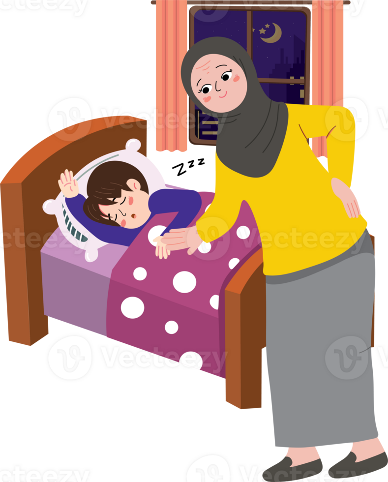 Mother Waking Up Child for Suhoor Meal During Ramadan Morning png