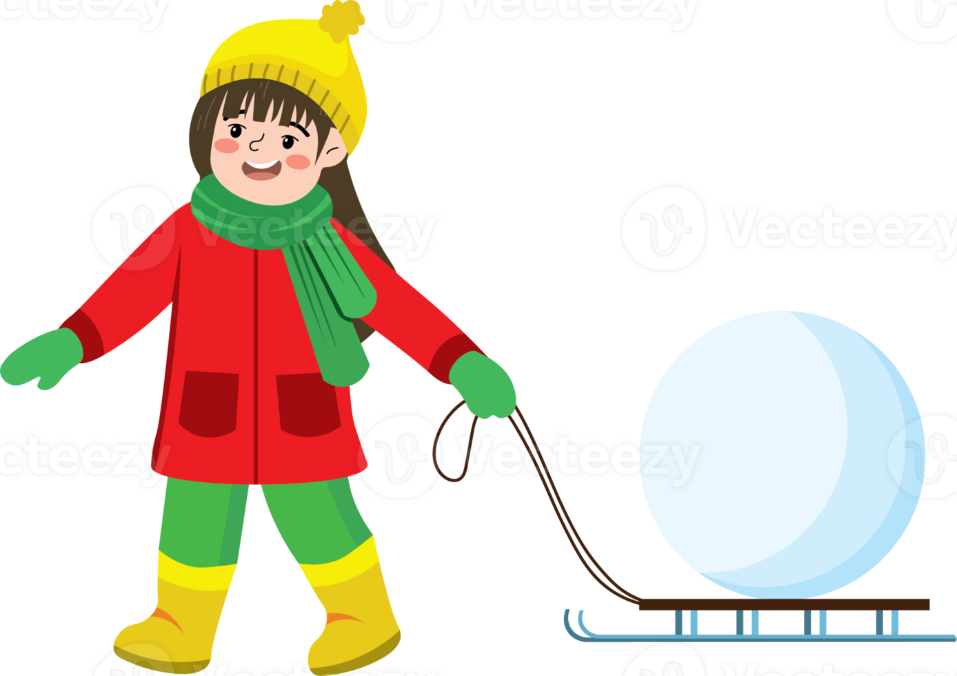 Kid Sliding on Snow with Snowball in Winter Landscape png