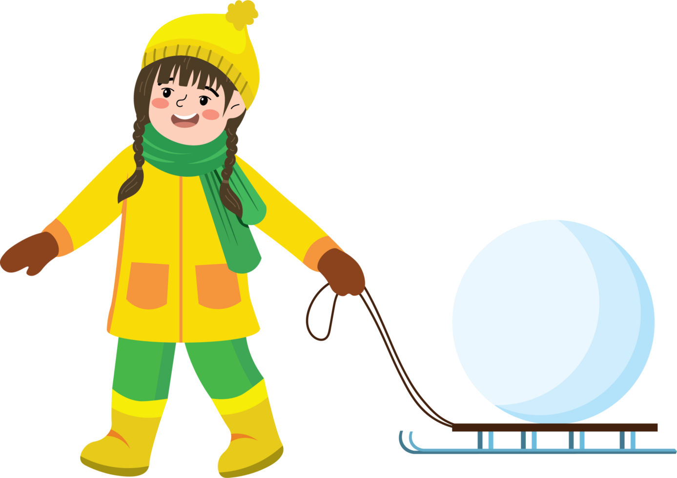 Girl Enjoying Winter Ride with Snowball and Sled png