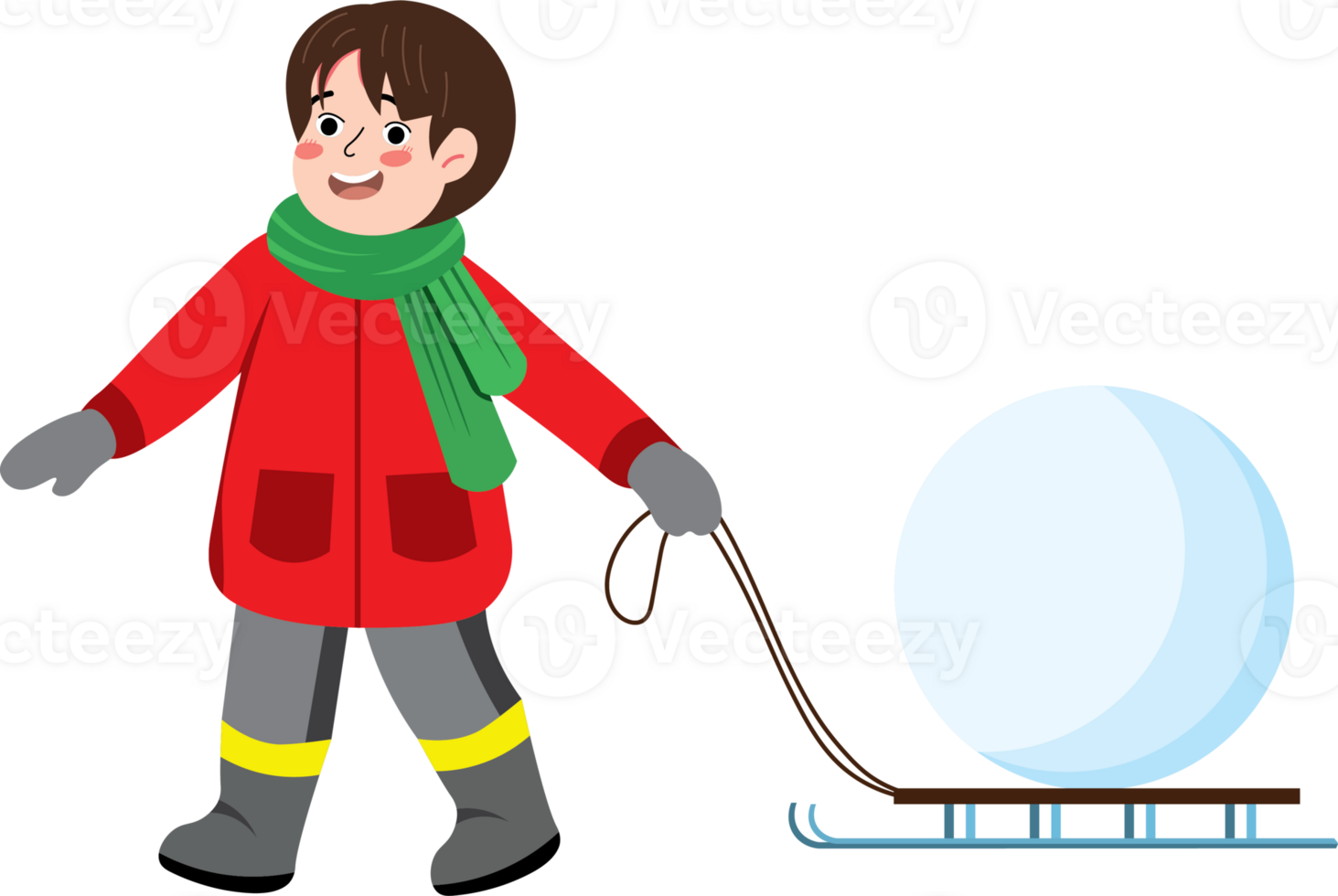 Boy Holding Snowball While Riding Sled in Snowy Winter png