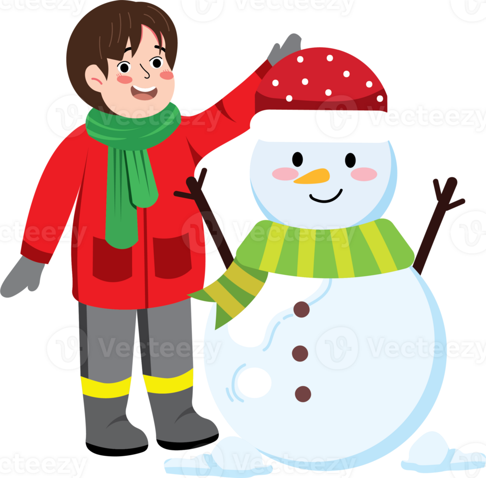 Boy in Snowy Landscape with Holiday Snowman png