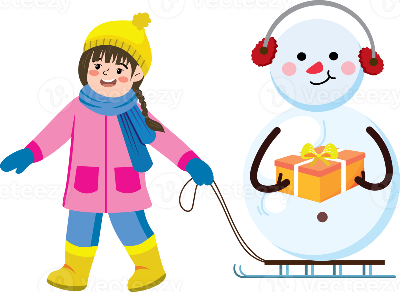 Child Pulling Snowman on Sled in Snowy Winter Holiday png