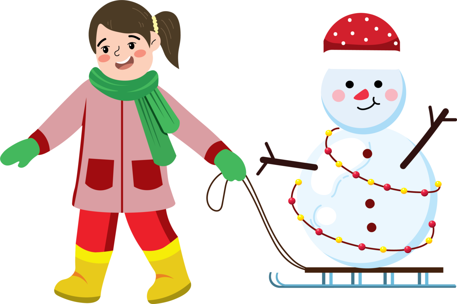 Snowy Christmas Fun with Kid and Snowman on Sled png