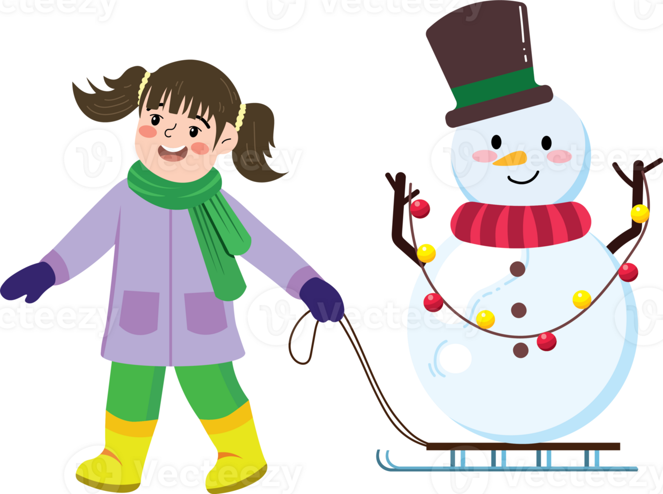 Young Child Enjoying Snow Play with Snowman Sled png