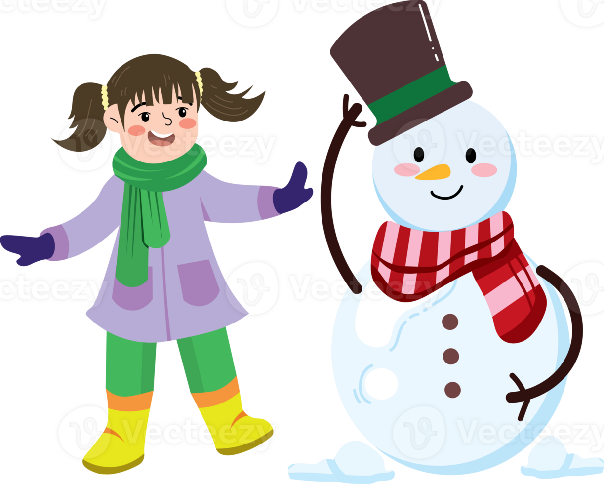 Girl Finishing Snowman During Winter Celebration png