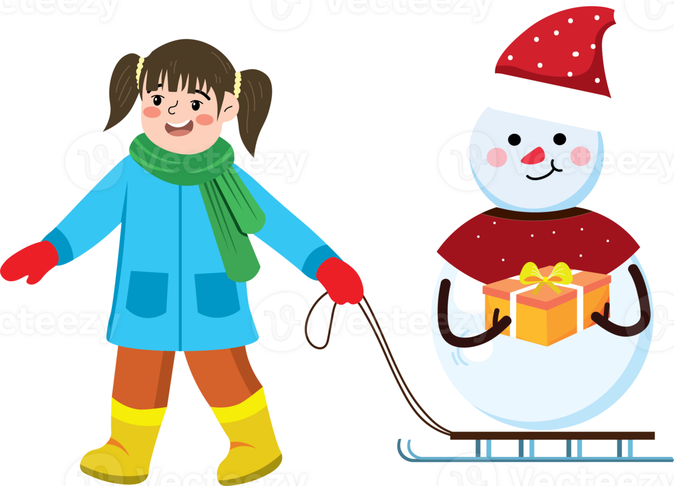 Kid Playing Outdoors in Snow with Snowman for Christmas png