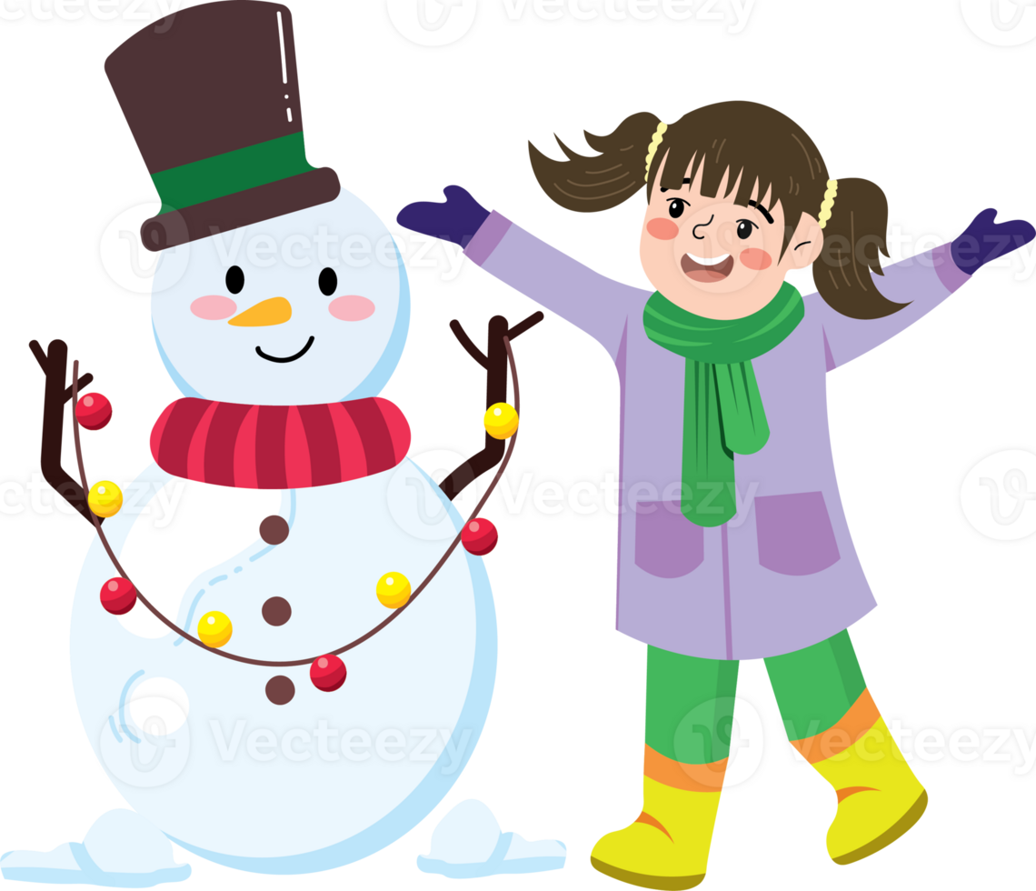 Festive Scene with Girl and Completed Snowman png