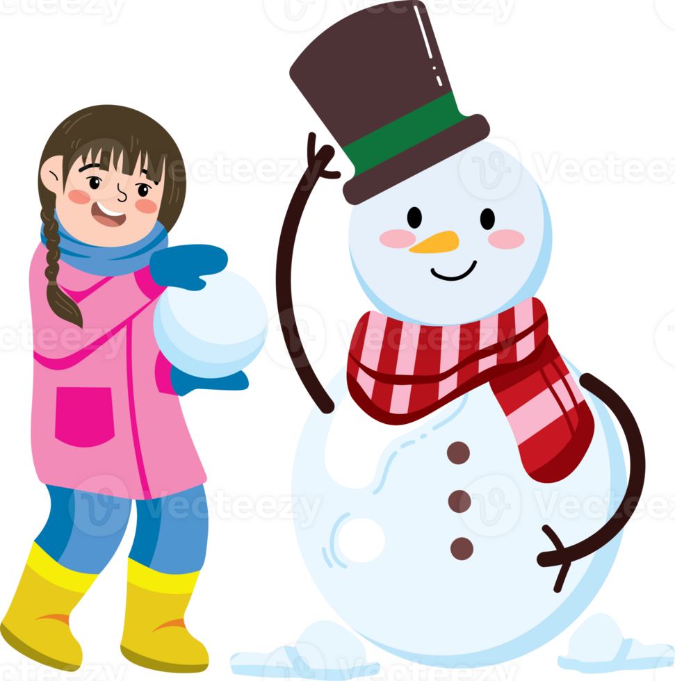 Girl and Snowman Under Falling Snow png