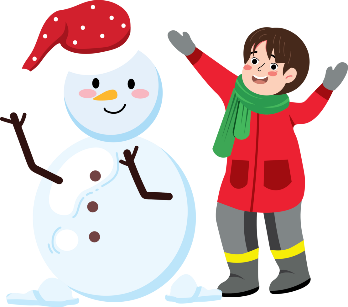 Winter Fun with Boy and Snowman Creation png