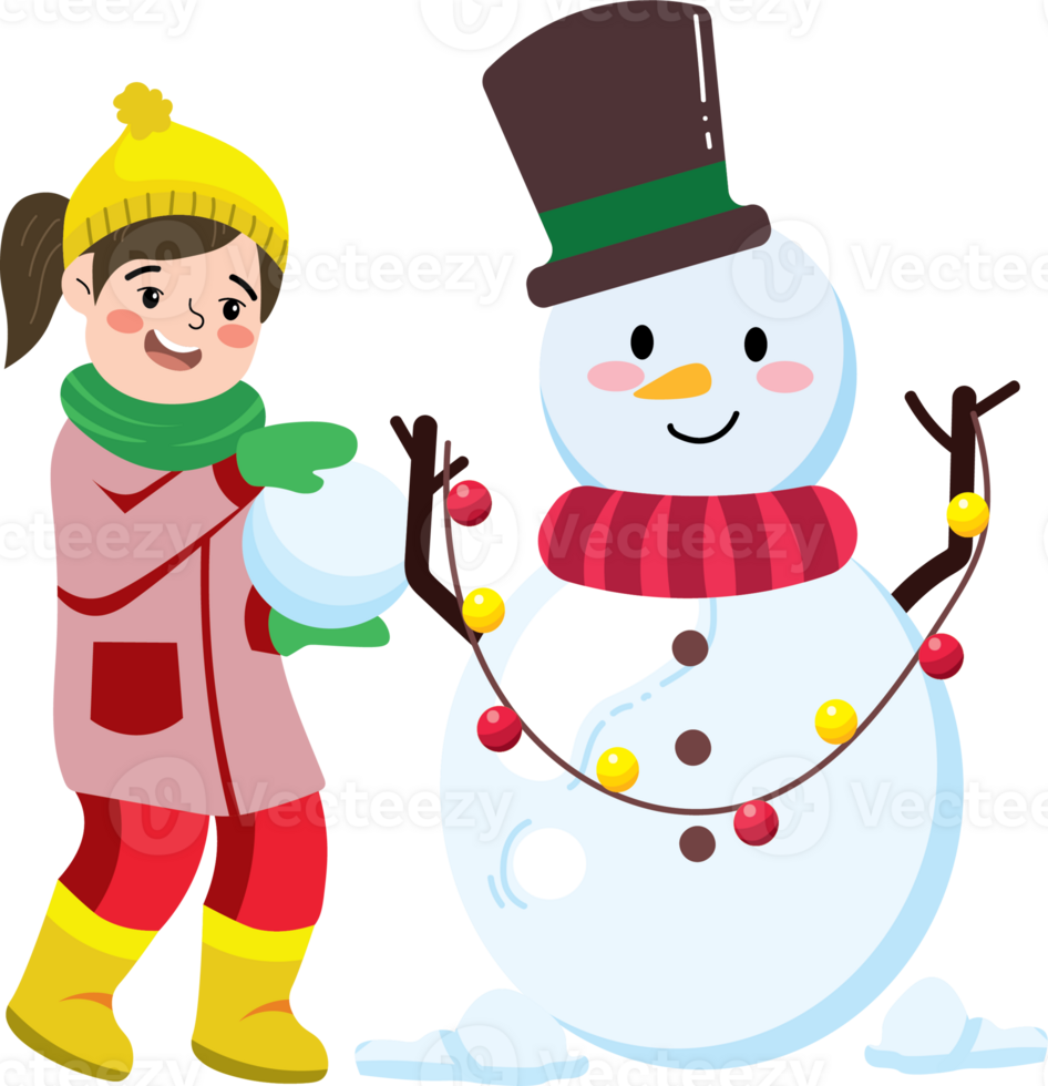 Little Girl Enjoying Her Snowman Creation png