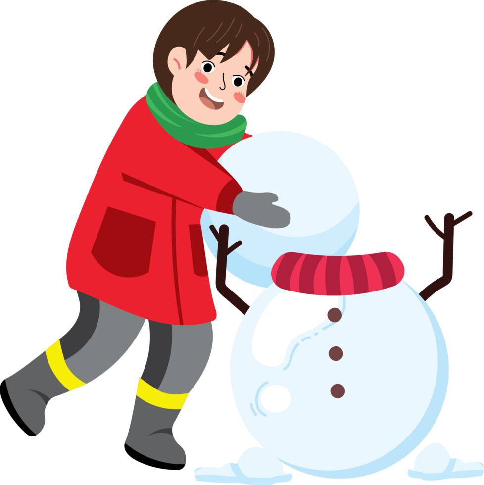 Boy Enjoying Snowy Christmas with His Snowman png