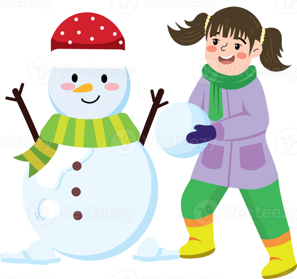 Winter Snowman and Girl Dressed in Warm Clothes png