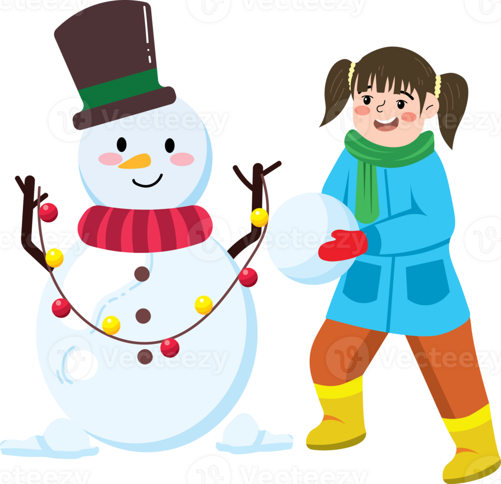 Smiling Child with Snowman on Christmas Day png