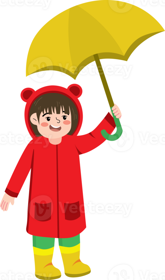 Little Kid in Raincoat Holding Umbrella in the Rain png