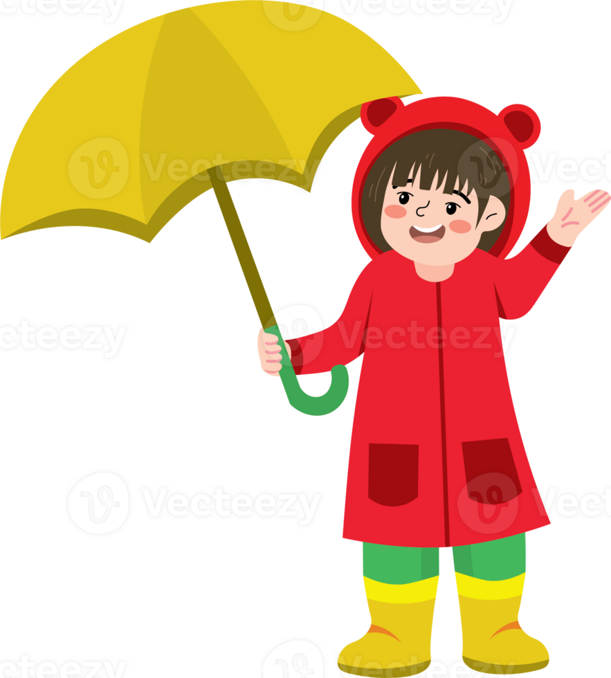 Happy Child Walking in Rain with Umbrella and Raincoat png