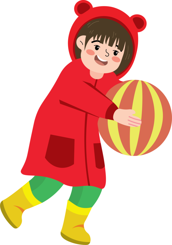 Happy Child Kicking Ball in Rainy Street png