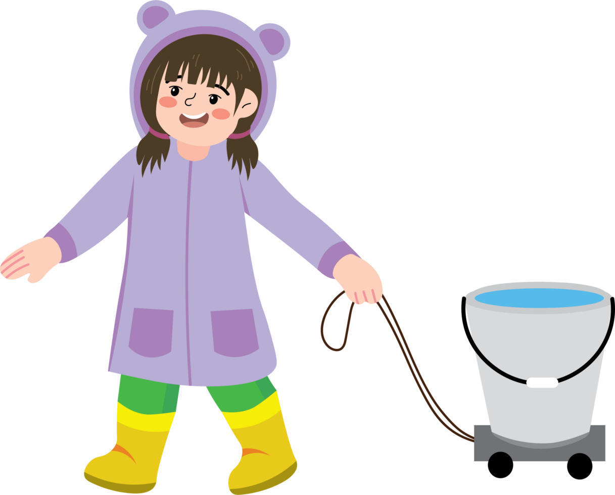 Happy Kid Playing in the Rain with a Bucket png