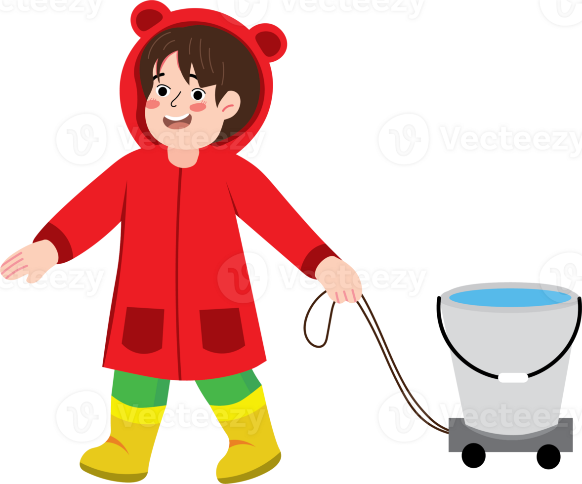 Young Child Playing Outside and Catching Rain in Bucket png