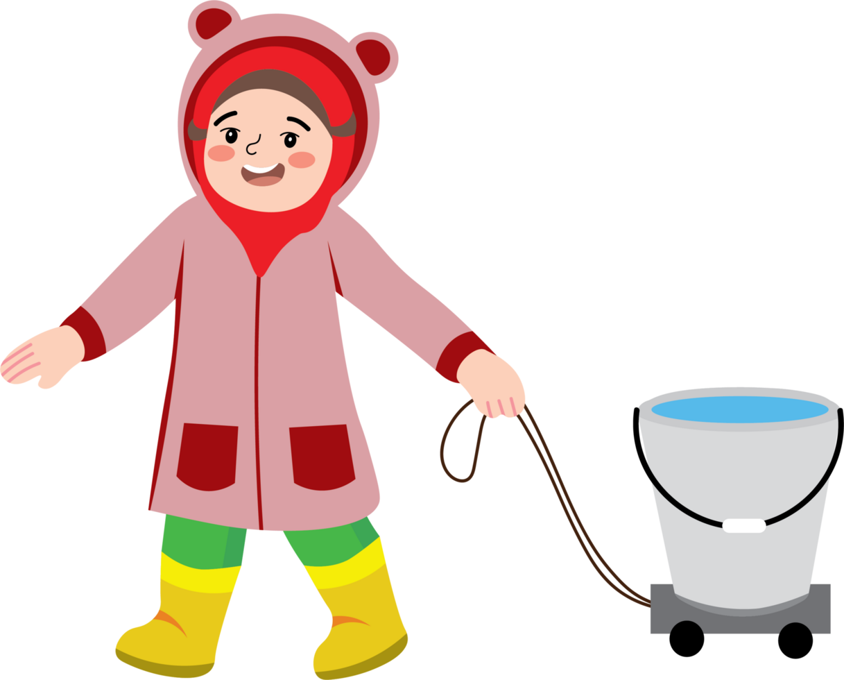 Joyful Child Enjoying Rain While Playing with Water Bucket png