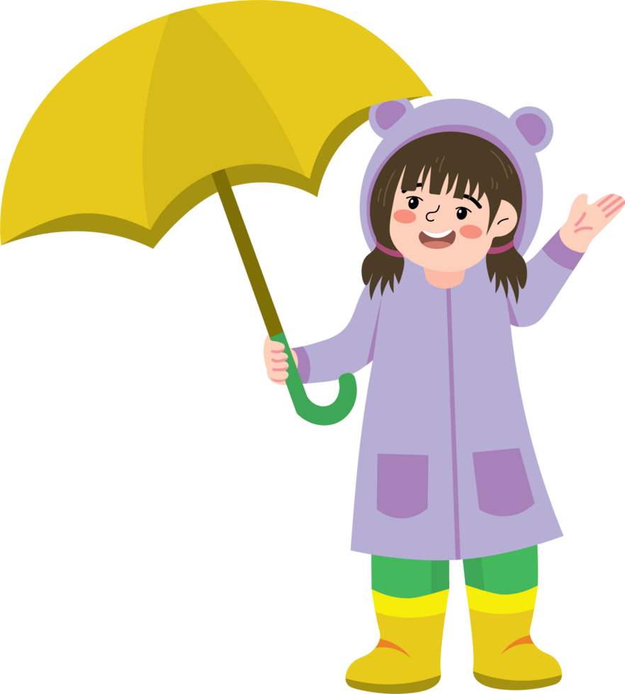 Adorable Child Standing in Rain with Cute Umbrella png