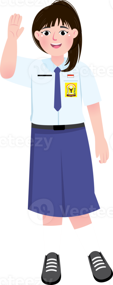 Junior High School Girl Smiling and Waving Hello in Uniform png