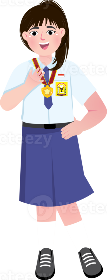 Proud Junior High School Girl Holding Medal with Excited Expression png