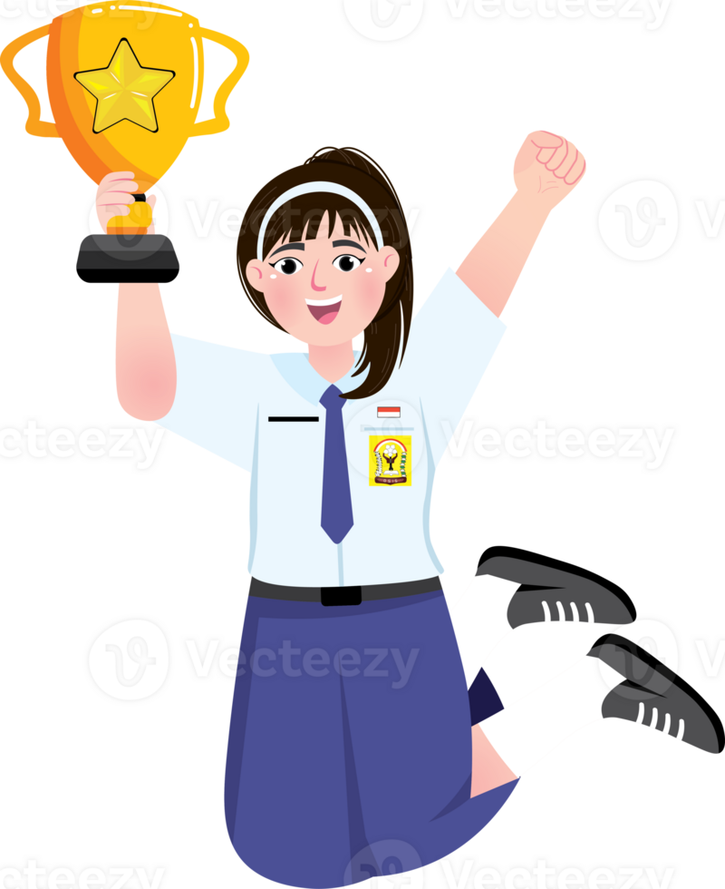 Excited Teenage Student Celebrating with Award Trophy png