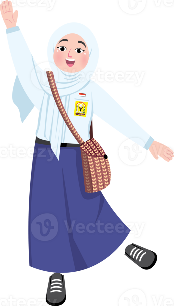 Smiling Muslim Student in Uniform Holding Backpack png